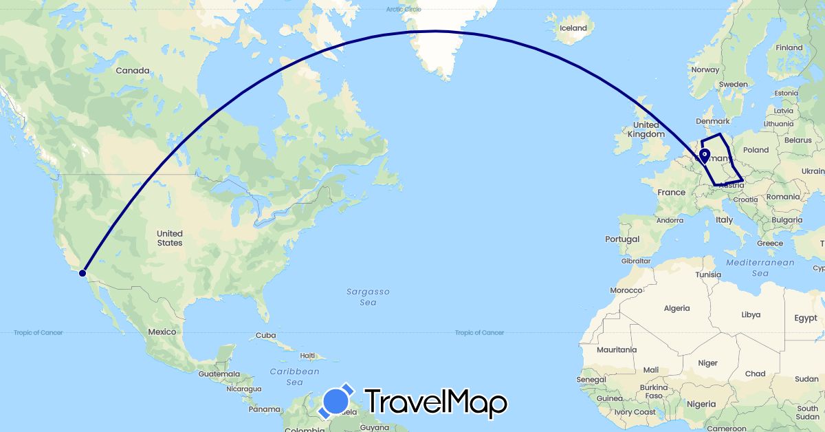 TravelMap itinerary: driving in Austria, Czech Republic, Germany, United States (Europe, North America)